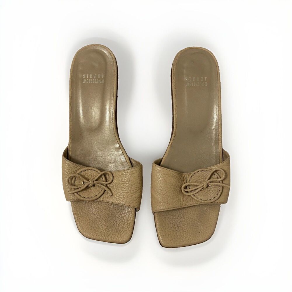Vintage Stuart Weitzman Beige Leather Slide Kitten Heels with Bow Size 7